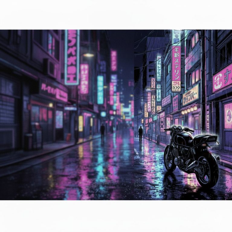 ネオンが反射する雨の夜の繁華街に、短身の不良少年の後ろ姿と改造バイクのシルエットが浮かぶ16:9アイキャッチ画像
